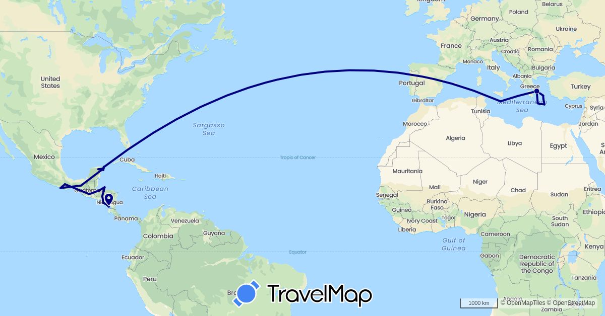 TravelMap itinerary: driving in Greece, Guatemala, Honduras, Malta, Mexico, Nicaragua (Europe, North America)